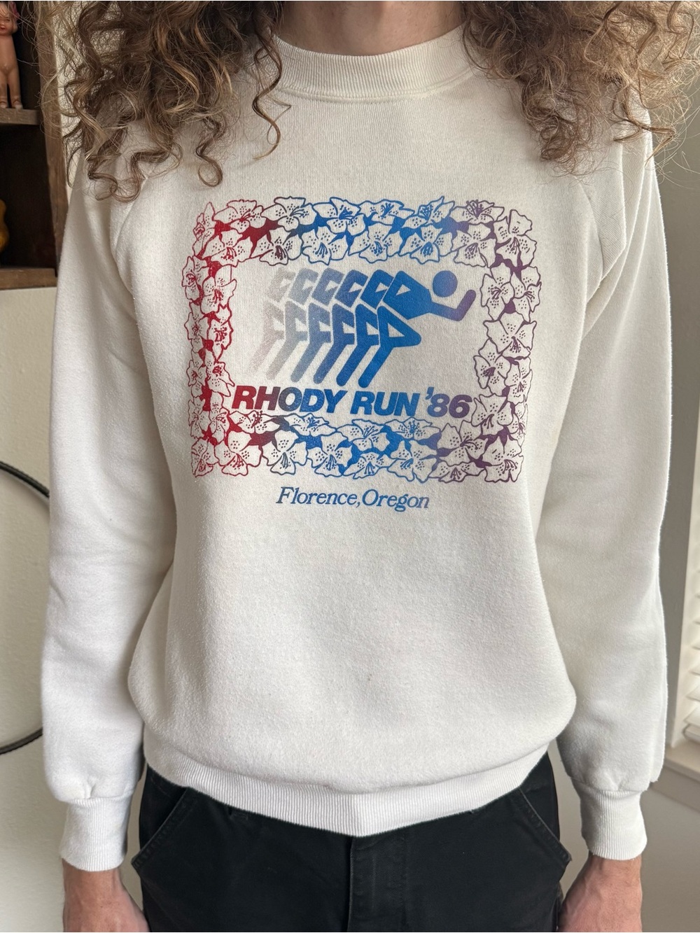 Vintage 80s White Raglan Crewneck Rhody Run Race Graphic Sweatshirt ~ Size Small